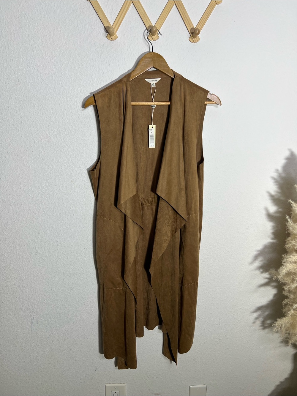 MAX STUDIO • NWT brown boho chic faux suede open front draped long vest size M